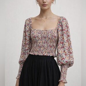 Smocked Floral Puff Sleeve Crop Top | Romantic Cottagecore Blouse Size Large